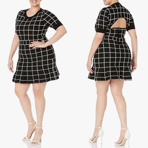 Milly Black White Grid Knit Cutout Back Short Sleeve Fit Flare Dress Womens XL